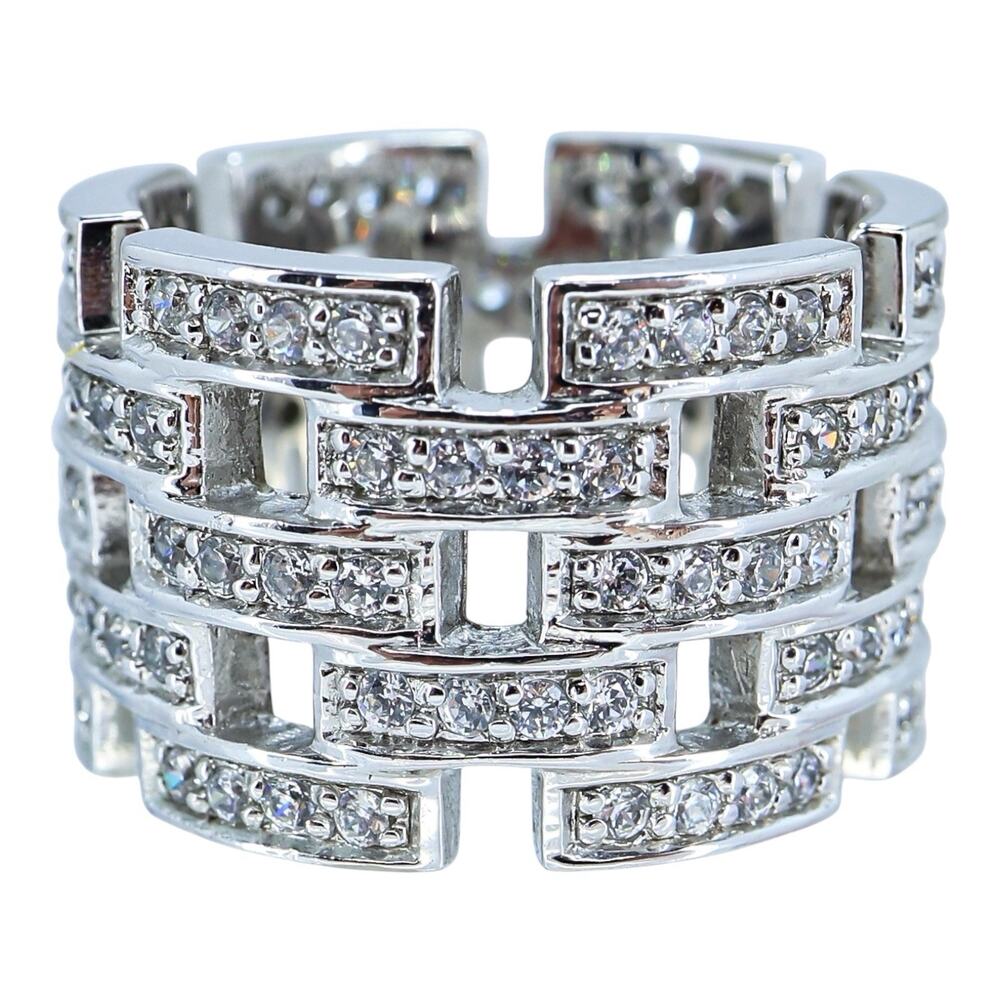 ADI 925 Sterling Silver CZ 18g Wide Cigar Band Geo Link Ring Size 10 Fits Size 9